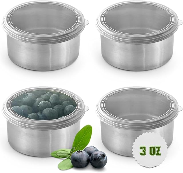 4 X 3oz Stainless Steel Containers with Lids - Leakproof w/Silicone Lids - BPA Free - Dishwasher & Freezer Safe - Portable & Reusable - Small Stainless Steel Snack Cups Dressing Containers