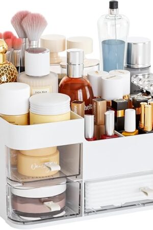 White Makeup Organizer With Drawers,Large Skincare Organizers for Countertop,Desk,Dresser,Plastic Bathroom Counter Organizer for Brush,Palettes,Perfume,Beauty Products Organization,Skin Care Storage