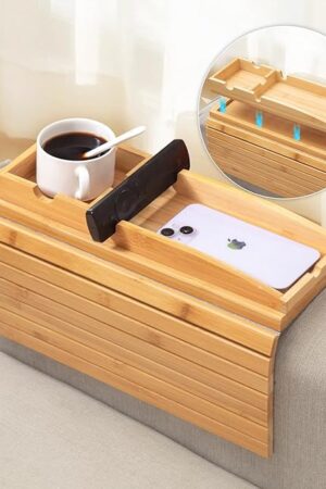 Bamboo Couch Arm Tray Table | 2-in-1 Detachable Sofa Tray with Slidable Cup Holder | 4.5 to 14 inches Wide Adjustable & Foldable Design with an Anti-Slip Surface for Drinks, Snacks, and Remote