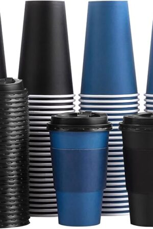 100 Pack 16 oz Disposable Coffee Cups with Lids and Sleeves, To Go Paper Cups, Hot & Cold Drinking Cups for Tea, Coffee, Water, Hot Chocolate, Paper Coffee Cups Ideal for Home,Cafes,Store