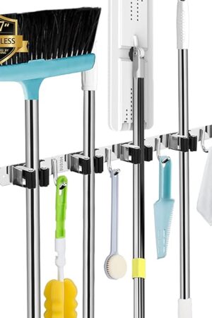 AceMining 5 Racks and 4 Hooks Mop and Broom Holder Wall Mount, Broom Organizer Storage Tool Racks Stainless Steel Heavy Duty Hooks Self Adhesive Solid Non-slip for Home Kitchen Garden Laundry Garage