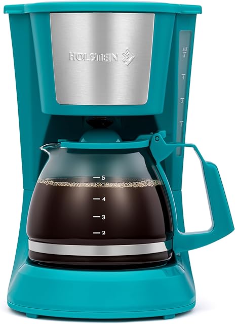Holstein Housewares 5 Cup Drip Coffee Maker – Compact and User-Friendly with Auto Pause & Serve, Reusable Filter, Measuring Spoon & Glass Carafe, Office & Dorm Use, Teal