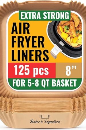 Air Fryer Paper Liners, 125Pcs Air Fryer Disposable Liners, Non-Stick and Oil Proof for Easy Cleanup, 8? Square for 5-8 qt Basket by Baker's Signature
