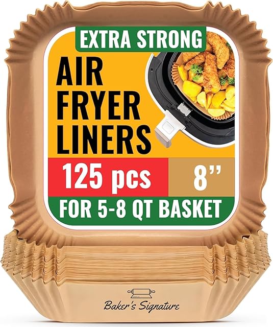 Air Fryer Paper Liners, 125Pcs Air Fryer Disposable Liners, Non-Stick and Oil Proof for Easy Cleanup, 8? Square for 5-8 qt Basket by Baker's Signature