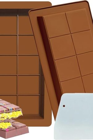 2 Pack 1 Inch Deep Chocolate Bar Molds with Scraper, Large Thick Silicone Rectangular Pistachio Chocolate Molds for Stuffed Bar, DIY Dubai Knafeh Chocolate Bar