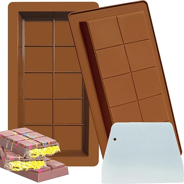 2 Pack 1 Inch Deep Chocolate Bar Molds with Scraper, Large Thick Silicone Rectangular Pistachio Chocolate Molds for Stuffed Bar, DIY Dubai Knafeh Chocolate Bar