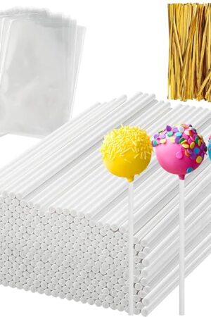 600Pcs Lollipop Stick, 6IN Cake Pop Sticks with Clear Treat Bags & Gold Twist Ties, Cake Pops Making Tools for Lollipops, Candies, Chocolates Cookies