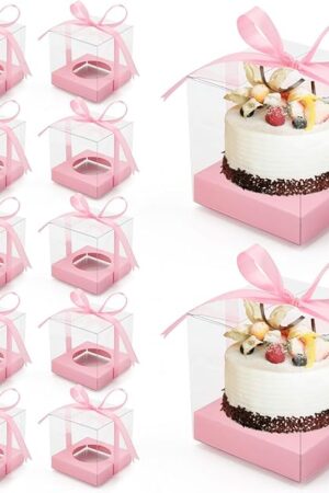 12 Pack Clear Plastic Cupcake Boxes, 3.5 Inch Gold Single Cupcake Containers Disposable Individual Cup Cake Carrier Holder Boxes with Inserts and Ribbon (Pink)