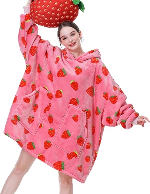 Aemicion Strawberry Blanket Hoodie,Oversized Sherpa Wearable Hooded Blanket,Warm Cozy Sweatshirt Gifts for Women Girls Adult
