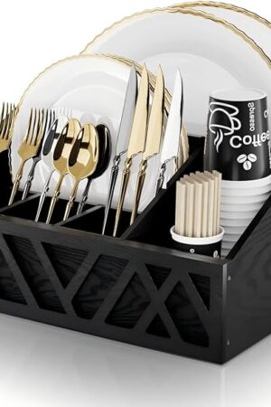 Wood Paper Plate Dispenser and Holder, Rustic Paper Plate Caddy Organizer for Countertop, Silverware Utensil Holder Caddy for Party with 6 Detachable Compartments for Plate, Cup, Fork, Spoon(Black)