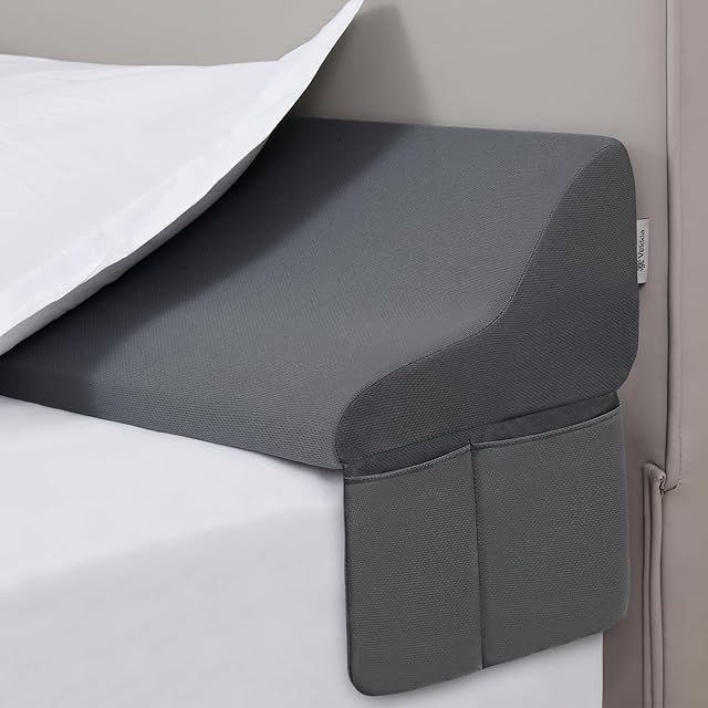 Vekkia Queen Bed Wedge Pillow for Headboard Gap – 0–6" Bed Gap Filler with Firm Foam Support & Extra-Large Pockets – Prevents Lost Pillows, Phones & Clutter (Gray)