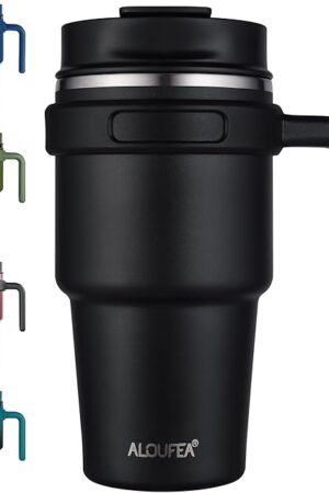 ALOUFEA 20 oz Insulated Coffee Mug Tumbler with Handle, Stainless Steel Travel Mug Tumbler with Lid and Straw,Double Wall Vacuum Leak Proof Ice Coffee Thermal Cup, Black