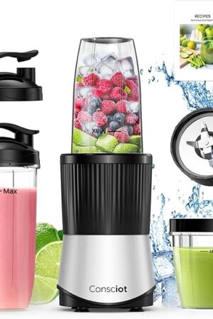 Consciot CB08 11-Piece Blender for Kitchen and Personal Size, Blend Shakes and Smoothies, Frozen Drinks, Baby Food, Spreads & More, 3 Portable To-Go Cups & 2 Spout Lids & 1 Solid Lid, 900 Peak Watts