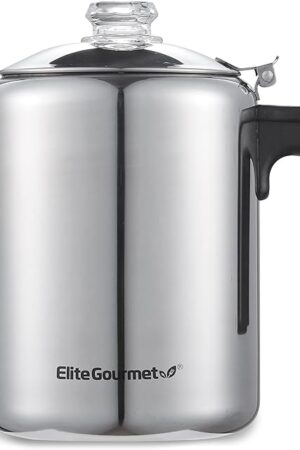 Elite Gourmet EC008 Classic Stovetop Coffee Percolator, Glass Clear Brew Progress Knob, Cool-Touch Handle, Cordless Serve, 8-Cup, Stainless Steel