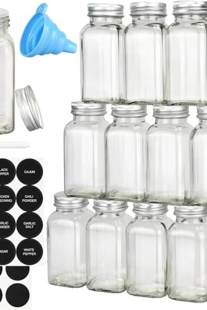 DkOvn 12/24/36/48pcs Glass Spice Jars, 4oz Empty Spice Jars with Metal Caps, Labels, Shaker Lids, Collapsible Funnel, Chalk Pen, Seasoning Organizer for Spice Rack(12pcs 4oz Set)