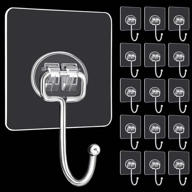 DKHDBD Large Adhesive Hooks, 16-Pack Hold 44lb(Max) Heavy Duty Sticky Hooks, Waterproof Transparent Hooks for Hanging, Self-Adhesive Traceless Clear Wall Hooks to Use for Keys Robe & Towel