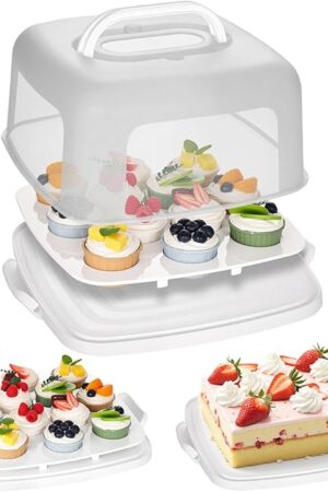 VGOODALL Cupcake and Cake Container with Lid, White Square Cake Carrier 12 Capacity Cup Dessert Holder with Handle for Pie Muffin Cobbler Family Picnics and Party Events, 2-in-1 Design