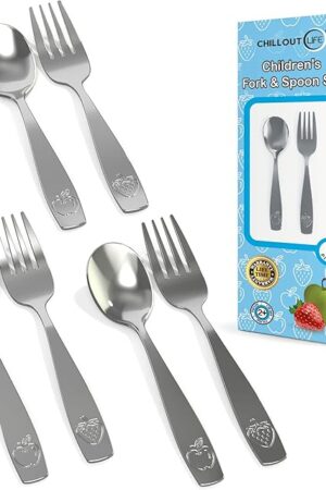 CHILLOUT LIFE Stainless Steel Kids Silverware Set 6 Pieces - Child and Toddler Safe Flatware - Kids Utensil Set - Metal Kids Cutlery Set (Includes 3 Small Kids Spoons & Kids 3 Forks)