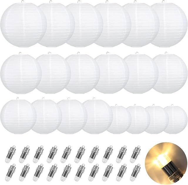 LIHAO 20PCS White Paper Lanterns with Lights, Round Hanging Chinese Lanterns Decorative for Wedding Anniversary Birthday Party Home Decor(Size of 6?, 8?, 10?, 12?)