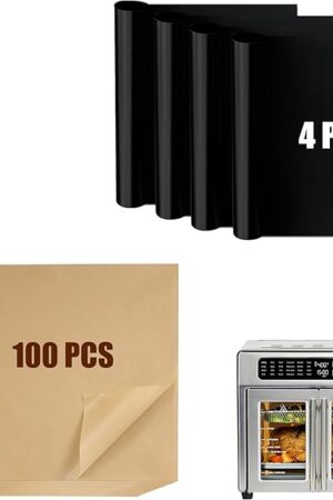Air Fryer Liners Compatible with Emeril Lagasse 26 QT Extra Large Air Fryer, 100 PCS Unbleached Parchment Paper Disposable with 4 PCS AirFryer Oven Liners for Emeril Lagasse Accessories