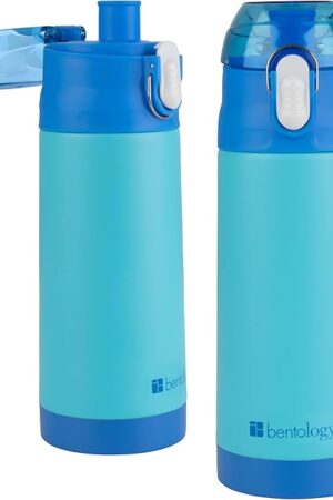 Bentology Stainless Steel 13 oz Reusable Water Bottle for Kids, Blue - Double Wall Insulated, Spill Proof Lid w/Built-in Straw- Keep Liquids Hot or Cold For Hours- Easily Fit in Lunch Boxes & Bags