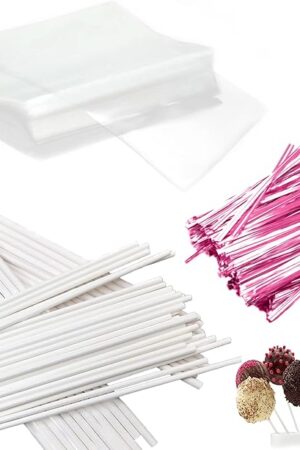 Basquei Cake Pop Sticks 6 Inches, Cake Pop Bags (3.9"X4.7"), Pink Metallic Twist Ties, 300 Pcs Cake Pop Kit Used for, Lollipops Cake, Candies, Chocolates Making Tools