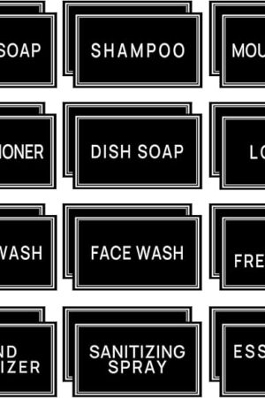 24PCS Waterproof Labels for Plastic/Glass Bottles, Bathroom Hand Soap Dispenser Stickers, Removable Cleaning Bottle Labels for Lotion, Shampoo Conditioner (Black)