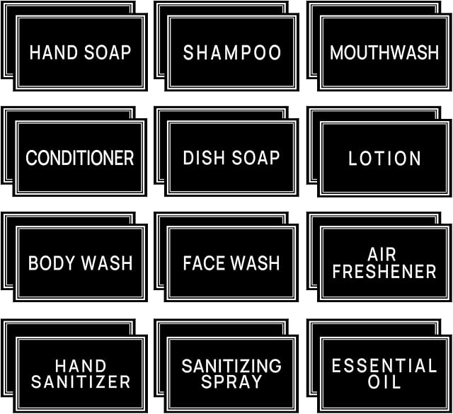 24PCS Waterproof Labels for Plastic/Glass Bottles, Bathroom Hand Soap Dispenser Stickers, Removable Cleaning Bottle Labels for Lotion, Shampoo Conditioner (Black)