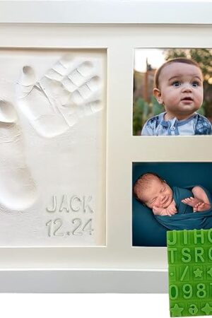 Baby Hand & Footprint Frame Keepsake Kit | Capture Milestone Moments with Safe Clay, Stencil Set & Wood Frame | Perfect Newborn Gift for Baby Showers | White