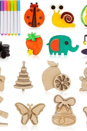 The RAINFLOW 36 Pcs DIY Wooden Magnets - Wooden Painting Crafts Kits for Child Coloring Creativity Arts & Crafts Painting Kits Supplies for DIY Party Favors Birthday Easter Crafts Gifts for Boys Girls