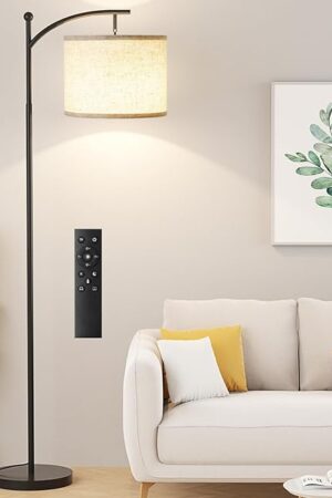 Ambimall 60" Floor Lamp with Remote Control and Stepless Dimmable Bulb, Colors Temperature & Brightness Adjustable, Modern Floor Lamps for Living Room（Beige Shade & Black Pole）