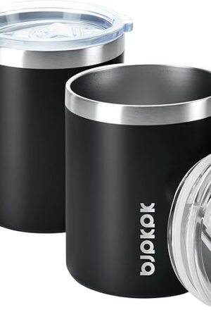 BJPKPK 2 pcs Insulated Coffee Mug, 14oz Stainless Steel Tumbler | Black | with Lid | Splash Proof Lid