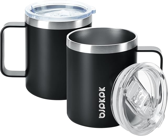 BJPKPK 2 pcs Insulated Coffee Mug, 14oz Stainless Steel Tumbler | Black | with Lid | Splash Proof Lid