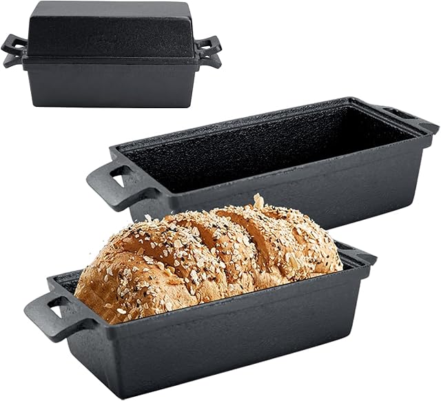 DVK Cast Iron Bread Pan with Lid 9x5 Inch Sourdough Sandwich Baking Rectangular Pans for Oven
