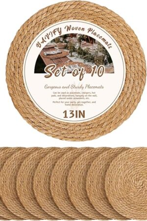 13 in Round Woven Placemats Plate Chargers Set of 10, Boho Farmhouse Rustic Woven Place Mats for Dining Table Decor, Rattan Wicker Table Mats Jute Braided Chargers for Dinner Plates