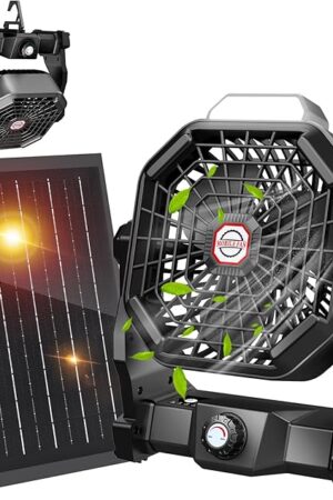 10400mAh Solar Fan with LED Lantern, Camping Fan with Solar Panel, 7W Rechargeable Solar Powered for Outside, Quiet Battery Operated Tent for Picnic, Barbecue, Fishing, Travel