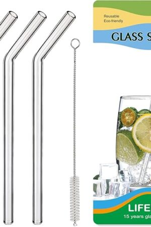 Borosilicate Glass Straws for 16 oz Tumbler, 9 inch 8mm BPA Free, Reusable Drinking Straws Clear Bent Skinny for Iced Coffee and Hot Drinks