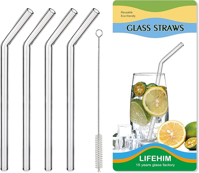 Borosilicate Glass Straws for 16 oz Tumbler, 9 inch 8mm BPA Free, Reusable Drinking Straws Clear Bent Skinny for Iced Coffee and Hot Drinks