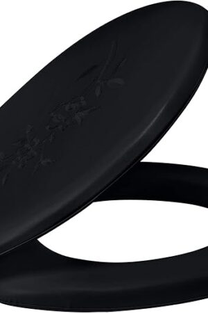 Bath Bliss Extra Soft Standard Round Toilet Seat | Decorative Vinyl Lid | Adjustable Quick Screw Attach Non-Slip Hinges | Bathroom | Black