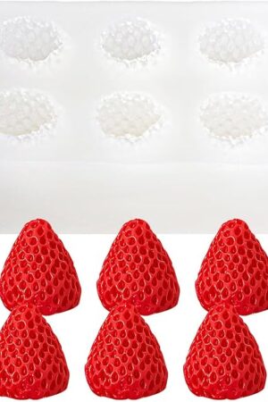 6 Cavity 3D Strawberry Chocolate Mold - Silicone Fruit Mold for Fondant, Resin, Cake Topper, Cupcake Decorating Tools - White