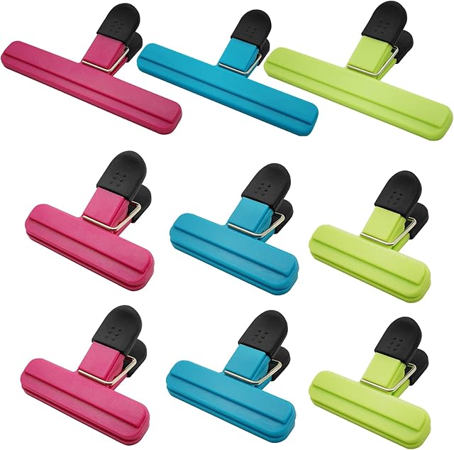 Chip Bag Clips 9pcs Air Tight, Heavy Duty, Sturdy Plastic Clips for Food Storage Assorted Sizes Food Bag Clips for Kitchen Snacks