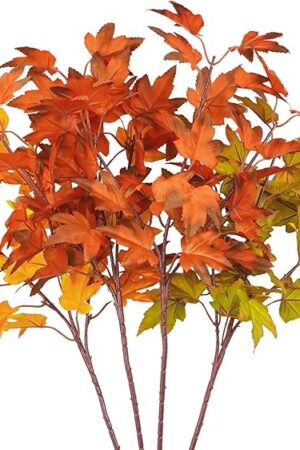 4Pcs Artificial Maple Leaves Branches 21.6in Fake Fall Leaves Stems Plants Outdoor Greenery for Home Kitchen Farmhouse Thanksgiving Table Centerpiece Fireplace Halloween Décor Orange