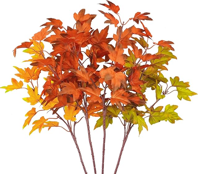 4Pcs Artificial Maple Leaves Branches 21.6in Fake Fall Leaves Stems Plants Outdoor Greenery for Home Kitchen Farmhouse Thanksgiving Table Centerpiece Fireplace Halloween Décor Orange