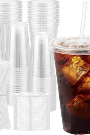 100 Pack 20 oz Plastic Cups with Lids and Straws, Sturdy Food Safe Iced Clear Coffee Cups Disposable Smoothie Cups for Cold Drinks