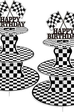 2 Pack Race Car Cupcake Stands Birthday Party Supplies, Two Fast Cars Decorations Truck Theme Favors - 3 Tier Cardboard Cup Cake Holder Tower