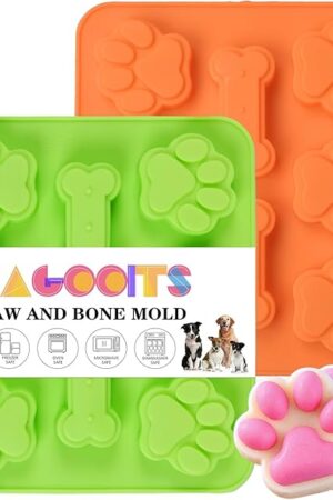 2 Pack Puppy Dog Paw and Bone Shaped 2 in 1 Silicone Molds, Reusable Non-Stick Ice Cube Trays & Candy Chocolate Molds for Homemade Dog Treats, Pudding & Baking Biscuit (Green Orange)