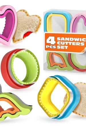 Crustless Sandwich Cutter and Sealer Set of 4 – Fun Multi-Shaped Sandwich Sealer and Cutter (Dino, Circle, Square & Heart) – Easy Demold, Designed for Culinary Creativity & Lunches & Bento Boxes