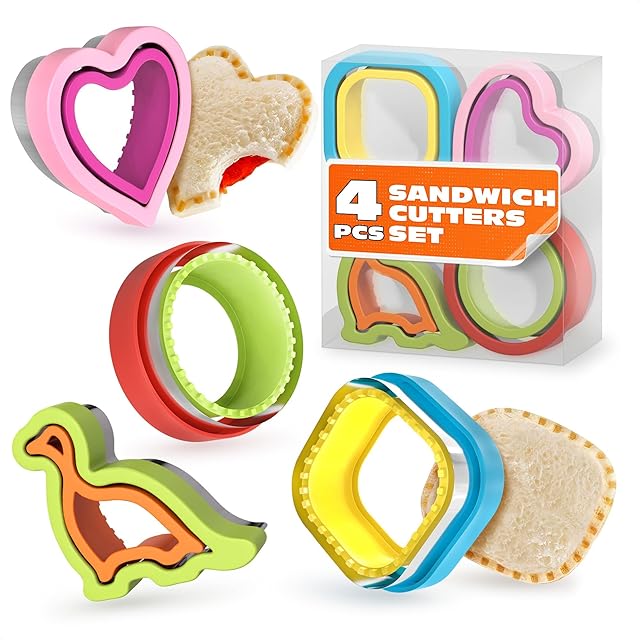Crustless Sandwich Cutter and Sealer Set of 4 – Fun Multi-Shaped Sandwich Sealer and Cutter (Dino, Circle, Square & Heart) – Easy Demold, Designed for Culinary Creativity & Lunches & Bento Boxes