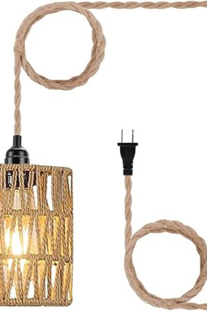 Boho Plug in Pendant Light, Hanging Light with Plug in Cord, Ceiling Lamp Rattan Cylinder Lamp Shade On-Off Switch, Hanging Plant Shelf Shelves Bohemian Decor for Bedroom Living Room Corner