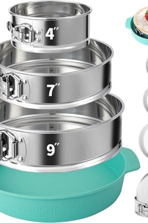 4, 7, 9 Inches Springform Pan Set of 3-304 Stainless Steel Nonstick Springform Cake Pan Set with Removable Bottom, 10 Inch Leakproof Silicone Cheesecake Pan Protector with 60 Pcs Parchment Paper
